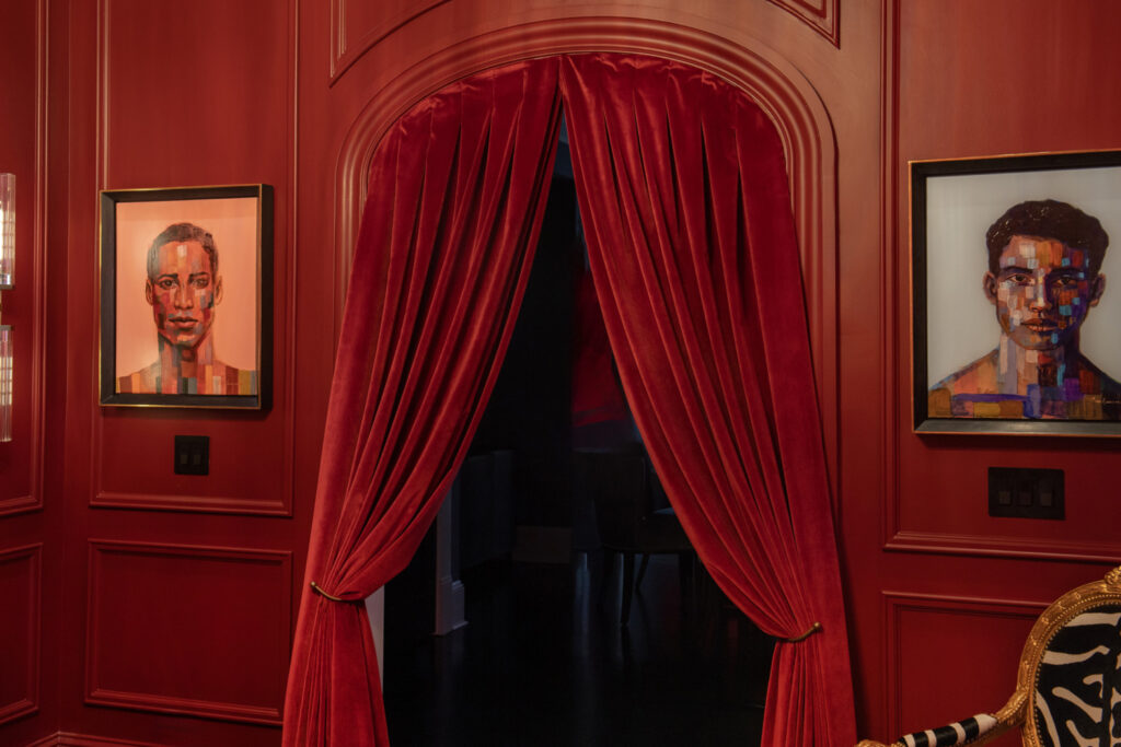 Red velvet interiors with custom lighting for a dramatic and intimate ambiance